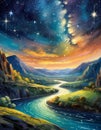 perspective river. fabulous painting illustration outstanding abstract stars turn resolution astonishing Cinematic