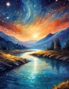 perspective river. fabulous painting illustration outstanding abstract stars turn resolution astonishing Cinematic Royalty Free Stock Photo