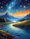 perspective river. fabulous painting illustration outstanding abstract stars turn resolution astonishing Cinematic Royalty Free Stock Photo