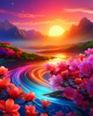Farytale illustration of sea waters with waves, fabulous pink flowers in front Royalty Free Stock Photo