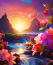 Farytale illustration of sea waters with waves, fabulous pink flowers in front Royalty Free Stock Photo