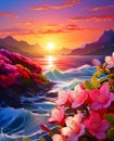Farytale illustration of sea waters with waves, fabulous pink flowers in front Royalty Free Stock Photo