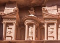 Fasade of the Treasury, a rock-cut temple in Petra, in historical and archaeological city in southern Jordan Royalty Free Stock Photo