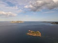 Aerial view of Tavolara Island, lagoon, Porto Taverna Beach in Sardinia, Italy on clear sunny day. Royalty Free Stock Photo