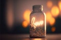 Bottle with the word love in front of a background with glowing lights, generative ai