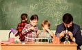 Fascinating chemistry lesson. Man bearded teacher and pupils with test tubes in classroom. Observe reaction. Science is Royalty Free Stock Photo