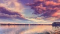 Fascinating Landscape. Majestic sunset. dramatic colorful clouds over the lake. Royalty Free Stock Photo