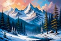 Fascinating mystical view of snowy mountain landscape and forest