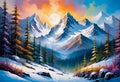 Fascinating mystical view of snowy mountain landscape and forest