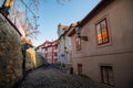 Fascinating narrow picturesque street with baroque and renaissance historical buildings in sunny day, Novy svet, New World in the