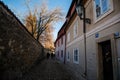 Fascinating narrow picturesque street with baroque and renaissance historical buildings in sunny day, Novy svet, New World in the