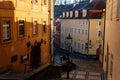 Fascinating narrow picturesque street Jansky vrsek with baroque and renaissance historical buildings, beautiful cityscape, sunny