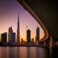 Fascinating reflection of tallest skyscrapers in Business Bay. Downtown summer day. Dubai, United Arab Emirates. Royalty Free Stock Photo