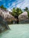 The fascinating rock formations on the beach of the Seychelles.