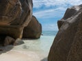 The fascinating rock formations on the beach of the Seychelles.