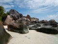 The fascinating rock formations on the beach of the Seychelles.