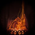 Fascinating spectacle of the bizarre magical dance of sparks and fire in the fireplace insert Royalty Free Stock Photo