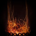 Fascinating spectacle of the bizarre magical dance of sparks and fire in the fireplace insert Royalty Free Stock Photo