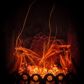 Fascinating spectacle of the bizarre magical dance of sparks and fire in the fireplace insert Royalty Free Stock Photo