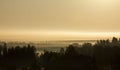 Fascinating view over foggy forest in the early morning at sunrise