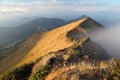 Fascinating view to the landscape with high mountains, fog, rocky crags, lawn with yellow grass, cloudy sky on the sunny day. Royalty Free Stock Photo