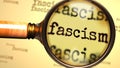 Fascism and a magnifying glass on English word Fascism to symbolize studying, examining or searching for an explanation and