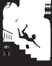 Fashinable girl on hight heels falling from the stairs, dangerous fashion shoes concept, silhouette of falling girl