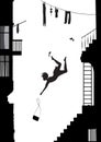 Fashinable girl on hight heels falling from the stairs, silhouette of falling girl