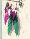 Fashion abstract image with feather earrings in turquoise and crimson colors