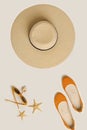 Fashion accessories for the beach - hat, ballet shoes, orange glasses on a white background. Royalty Free Stock Photo