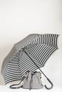 Fashion accessories - black-and-white striped parasol and bag.