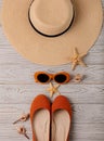 Fashion accessories - hat, ballet shoes, glasses orange color on Royalty Free Stock Photo