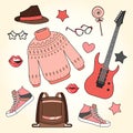 Fashion accessories set. Woman and girl clothes with accessory and shoes, glamour ladies shopping vector elements