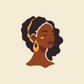 Fashion African woman portrait with golden earrings boho hand drawn wall art print vector flat illustration