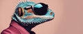 fashion Agama lizard in color suit with sunglasses on a solid color background portrait right side