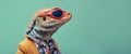 fashion Agama lizard in color suit with sunglasses on a solid color background portrait right side