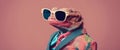 fashion Agama lizard in color suit with sunglasses on a solid color background portrait right side