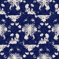 Summer indigo batik block print dyed motif seamless pattern. Fashion all over print for beach wear. Masculine shirt tie