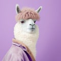 Fashion alpaca on lavender background, cotton candycore trend