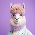 Fashion alpaca on lavender background, cotton candycore trend