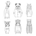 Fashion animal characters. Hipster hand drawn pictures animals in various clothes vector pictures