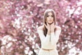 Fashion Art Beauty Portrait. Beautiful Girl in Fantasy Mystical and Magical Spring Garden. Model Royalty Free Stock Photo