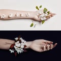 Fashion art hand woman in summer time and flowers on her hand wi Royalty Free Stock Photo