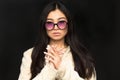 Fashion asian model woman in sunglasses in studio Royalty Free Stock Photo