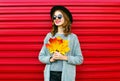 Fashion autumn portrait smiling woman with yellow maple leaves