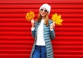 Fashion autumn smiling woman holds yellow maple leaves in hands Royalty Free Stock Photo