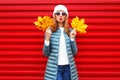 Fashion autumn woman holds yellow maple leaves on a red