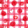 Fashion background with watercolor red hearts, lips, roses on red plaid stripes seamless pattern Royalty Free Stock Photo