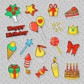 Fashion Badges, Patches, Stickers Birthday Theme. Happy Birthday Party Elements in Comic Style with Cake, Balloons and Gifts Royalty Free Stock Photo