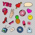 Fashion Badges, Patches, Stickers set with Girls Elements - Lips, Heart, Sweets, Speech Bubble and Ice Cream